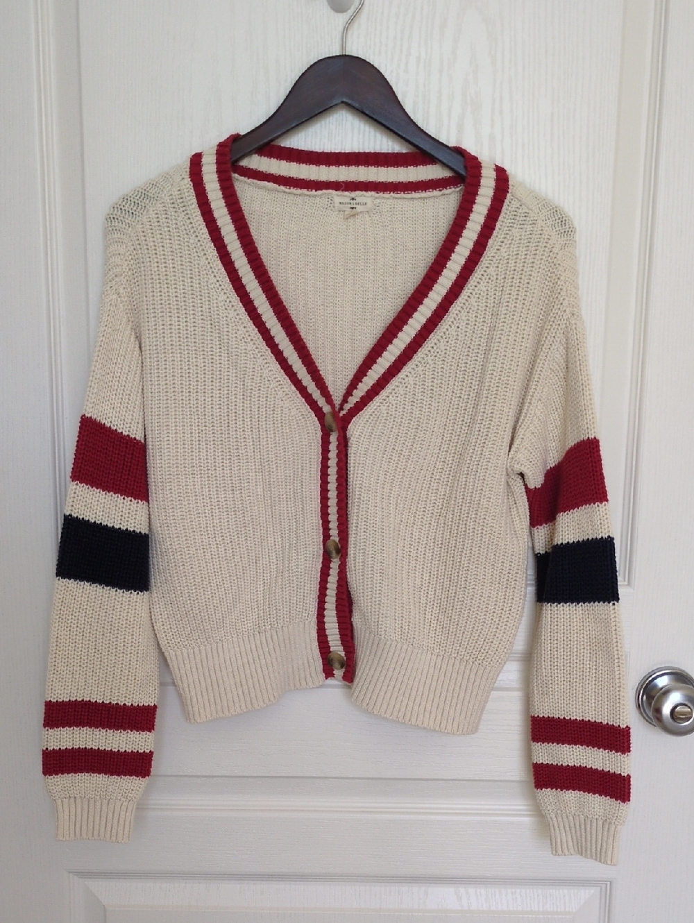 Mason & Belle Cream 100% Cotton Cardigan Sweater - Red & Navy Stripe Trim